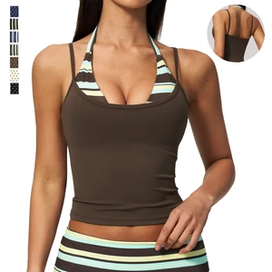 Women Yoga Crop Top Backless Halter Fitness Tank Top Faux Two Piece Breathable Stretch Quick Dry Soft Women Gym Workout Top