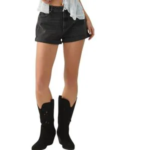 OEM Women Black Denim Shorts High Waist Rolled Hem Vintage Washed Casual Summer Jean Shorts Custom Wholesale