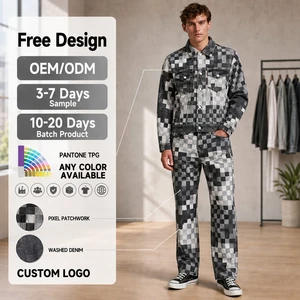 Men's Luxury Designer Inspired Pixel Check Denim Jacket And Pants Two-Piece Set, High Street Hip-Hop Casual Denim Set