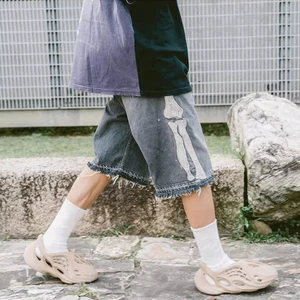 Custom Summer Men's Oversize Cotton Bone Baggy Vintage Wash Knee Length Jorts Distressed Denim Jeans Embroidery Shorts for Men