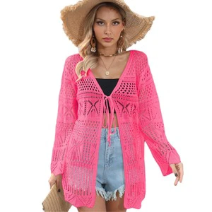 6 Colors Women's Beach Vacation Cover up Woven Cardigan Long Sleeve Sun protection Outwear Hollow Out Beachwear Bikini Cover up