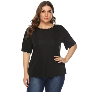 Women Plus Size Black T-Shirt Cap Sleeve Scoop Neck Ruffles Loose Fit Casual Top Solid Color Knitted Polyester