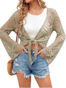 Bohemian Summer V-neck Beach Cover up Women Hollow Out Resort Top Sexy Sheer Swimwear Cover-up