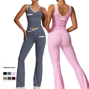 Women's Cross High Waist Sports Suit Contrast Color Backless Tight Naked Yoga and Running Fitness Plus Size 8843 Sets