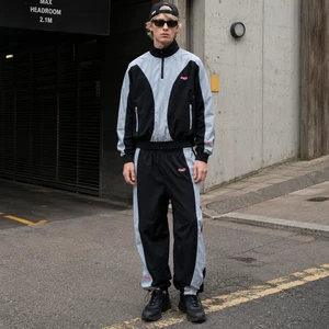 Wholesale 100% Cotton Knitted Color Block Half Zip Stand Collar Jacket Jogger Pants Streetwear Two Piece Set For Men Tracksuit