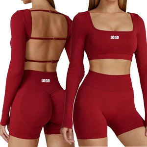 2025 New Arrival High Quality Gym Sports Fitness Yoga Athletic Top Short Leggings Set for Women Quick Dry Solid Pattern Front