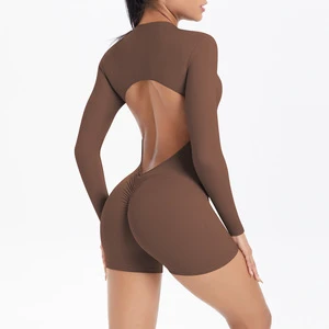 Women Short Sports Jumpsuit Breathable Quick Dry Long Sleeves Hollow Back Scrunch Butt Fitness Yoga Bodysuit