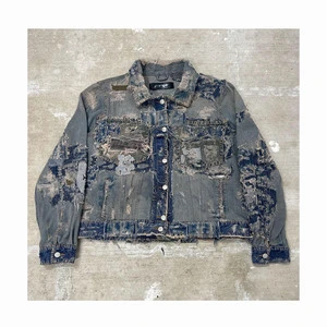 Sublimation Design Custom Button Heavy Wash Men'S Denim Jacket High Quality Vintage Distressed Patch Pocket Jeans Denim Jacket