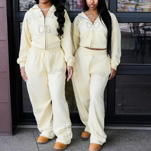Wholesale Clothing Custom Women Two Piece Rhinestone Set Oversized Baggy Tracksuit Zip Up Hoodie And Wide Leg Sweatpants Suits