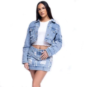 KY Wholesale Summer Suits New With Button Denim Cargo Pants Women Denim Jacket for Women