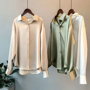 Women's Long Sleeve Satin Shirts Spring New Fashion Office Lady Tops Retro Style Lapel Button Casual Shirt