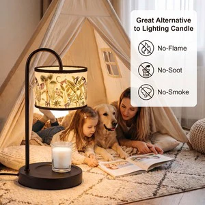Flameless Smokeless Bamboo Print Candle Warmer Lamp With Black Metal Stand And Base