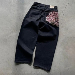 Wholesale Custom Heavyweight Distressed Embroidered Flower Graphic Men's Denim Pants Washed Straight Baggy Jeans For Men