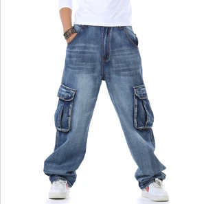 High Quality Men's Plus Size Baggy Denim Jeans Hip Hop Style Loose Fit with Multi-Pocket Big Side Pockets Distressed Washed