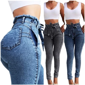 YQY692 Best-Selling Denim Jeans Pants Slim Fit Elastic High Waist Jeans Pants for Women With Tassel Belt