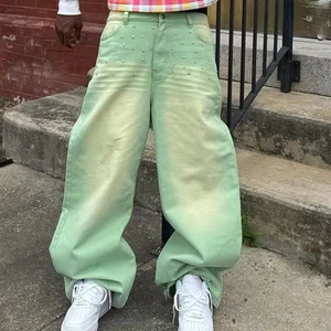 High Quality Loose Baggy Jean Pants Custom Mens Distress Wash Faded Mint Green Rhinestone Denim for Men