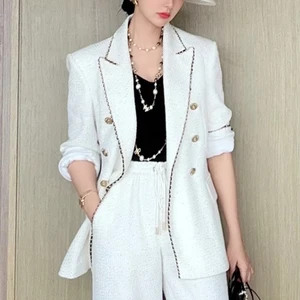 Casual Tweed Suit for White Boyfriend Single Breasted with Button Decoration Solid Pattern Woven