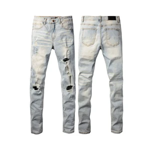 Men Ripped Used Pants Japanese Denim Men's Casual Pants Trendi Pantalon Homme Jean 2024