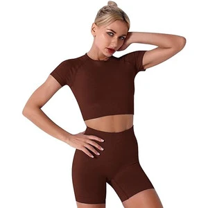 Women's Plus Size Seamless Yoga Suit Shorts Set Summer Two-Piece Fitness Exercise Wear Solid Pattern Four-Way Stretch Front