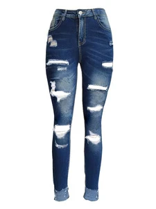 Women's High-Waist Knitted Solid Ripped Skinny Pencil Denim Jeans Breathable Casual Legging Vintage Hole Decoration Good Quality