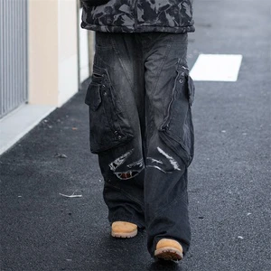 Faded Black Ripped Wash Multi Pocket Cargo Plus Size Men's Jeans Wide Leg Streetwear Daily Wear Baggy Denim Jeans Manufacturer