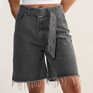 Low MOQ Women's Vintage Y2K Streetwear Mid Rise Belt Denim Shorts Faded Print Summer Casual Bulk Order