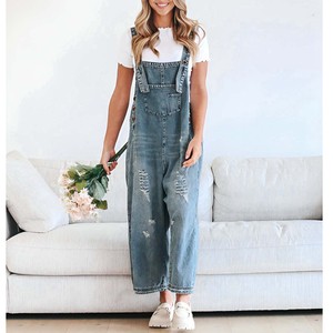 Channel 2025 Summer Jeans Distressed Wide Leg Overall Jumpsuit Women's Loose Adjustable Strap Baggy Denim Bib Overalls