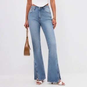 OEM/ODM Vintage Light Blue High Waist Flare Jeans Women Side Slit Stretch Denim Trousers Y2K Fashion Split Hem Chic