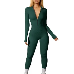 High Stretchy Casual Short Workout Athletic Suits Custom Logo Women Gym Fitness Jumpsuit Half Zip Solid Color Cotton One Set