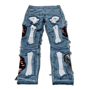 Men's Straight Fit Distressed Jeans With Bone Print And Skull Patches Plus Size Mid Waist Ripped Denim Pants Punk Style