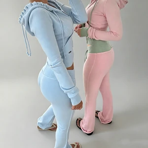 Custom Women Y2K 2 Piece Set Braided Hood Cropped Zip Up Hoodie And Back Embroidery Flare Pants Distressed Raw Hem Tracksuit
