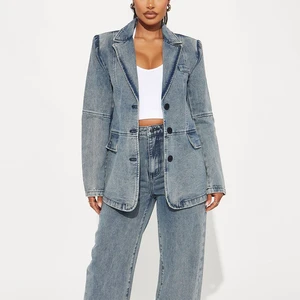 Women Blue Denim Blazer Jacket Suit Vintage Stone Wash Structural Seam Outerwear Streetwear Wholesale Retro Longline Coat