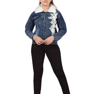Turn Down Fur Collar And Sleeve Best Stylish Women Denim Jacket Faded Color Look Ripped Style Women Jeans Jacket