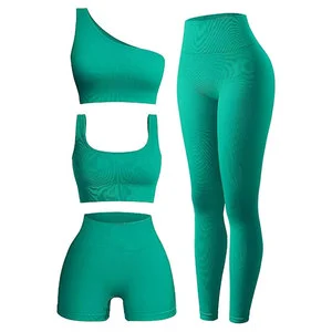 Women's Solid Plus Size Breathable Yoga Leggings and Bra Sets with Shorts Front Logo 2 Piece Quick Dry Workout Set