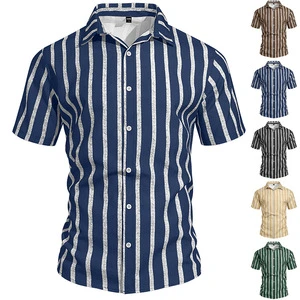 Cross-Border Men's Casual Clothing European/American For Summer New Lapel Striped Hemp Blend Vacation Short-Sleeve Shirt