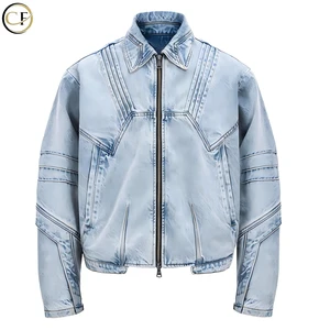 High-quality Vintage Denim Jacket, Acid-washed Stand-up Collar Zipper Distressed Jacket, Men's Custom logo Jacket.