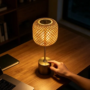 Wholesale Cordless Touch LED Table Lamp Handmade Woven Bamboo Shade Antique Gold Metal USB-C Rechargeable Lamp For Hotel Cafe