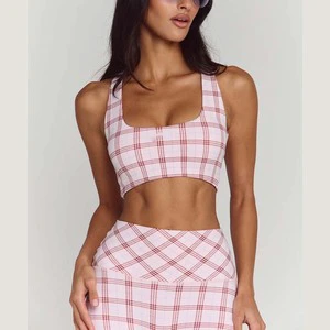 New Arrivals Women Scoop Neckline Racer Back Gym Top Second Skin Feel Plaid Workout Stretchy Yoga Tank Top Breathable Sports Bra