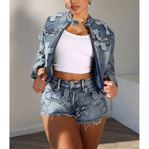 Spring Hot Sale Women Jackets Cross Denim Shorts Suits