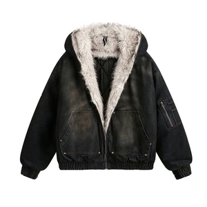 Men's Casual Winter American Street Style Fleece Cotton Jacket Stand Collar Washed Denim Mountain Eagle Coat Wasteland Front