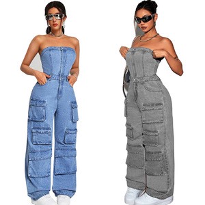 Vintage European American Style Denim Jumpsuit with High Waist Cargo Pants Trendy Strapless Multi-Pocket Women's Fashion