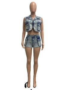 Hot Sale Spring Women's Solid Denim Suit Button Above Knee Two-piece Casual Jeans Set