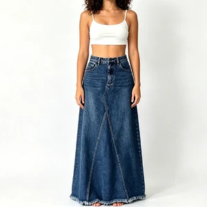 High Waist Maxi Denim Skirt For Women Asymmetric A-Line Long Jean Skirt With Raw Hem Custom Casual Blue Washed Skirt