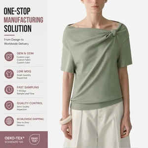 Trendy Women Off-Shoulder Top Mid-length Sleeve Summer Tee Casual Loose Fit Knit Shirt Fashion Stylish Twist-detail Blouse