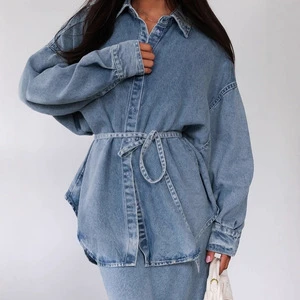 2026 Best-Selling Set Fashion Retro Denim Suit Strap Lazy Long Sleeve Cardigan Covering Long Skirt