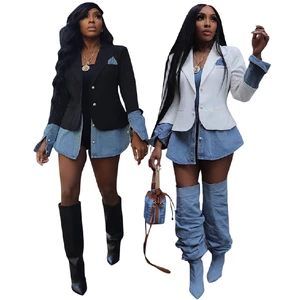 D8749 Spring Suit Jackets for Women Casual Denim Patchwork Contrast Color Long Sleeve Office Blazers Ladies Women's Denim Jacket
