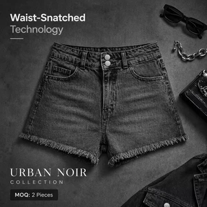 Vintage Gray Black High Rise Denim Shorts Ladies Double Buttons Frayed Hem Casual Summer Women's Shorts Jeans