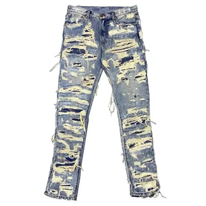 2024 Distressed Plus Size Men's Jeans Denim Polyester/Cotton Bleach Wash Rough Leg Bottom Ripped Streetwear High Street Fashion