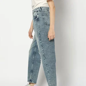 High Waist Stonewashed Blue Denim Jeans Women's Casual Ankle-Length Regular Fit Five-Pocket Cotton Pants