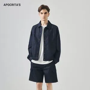 Men's Denim Jacket For Men Vintage Letter Print Loose Fit Lapel Zipper Winter Casual Streetwear Denim Jacket Casual Jackets